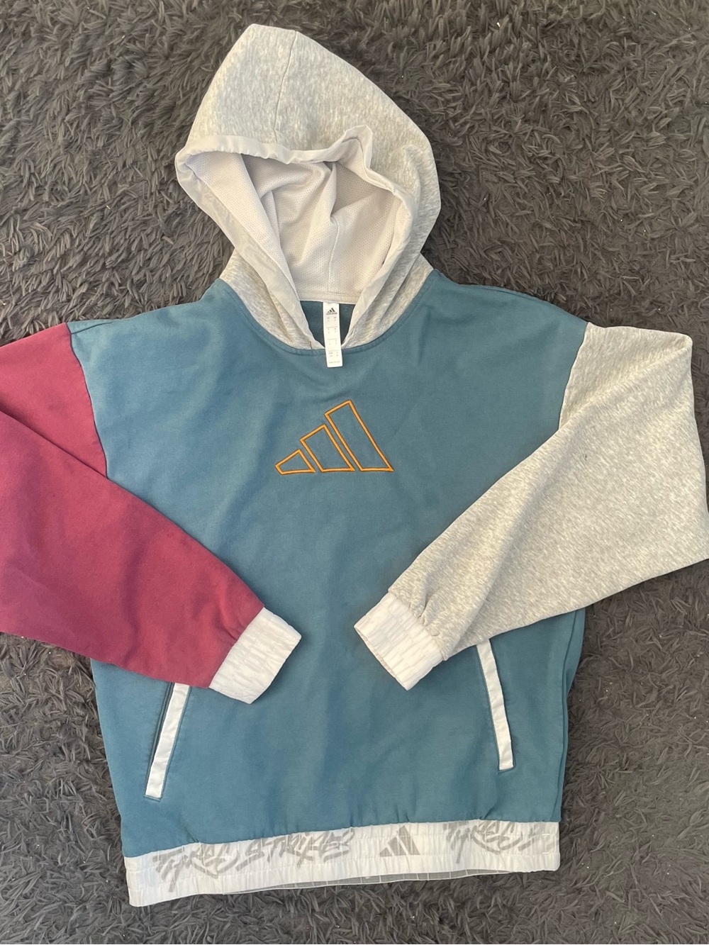Men Size Small Adidas Hoodie Sweatshirt Color-Block Design Grey Blue Burgundy